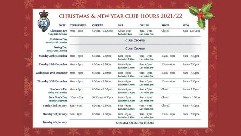 Christmas & New Year Club Hours 2021/22